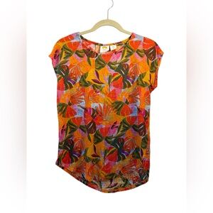 C&C California Linen Multicolor Leaf Print Women's Top Small